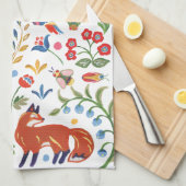 カラフルフォークアニマルウッドランドフローラウサギキツネ キッチンタオル (四つ折り)