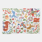 カラフルフォークアニマルウッドランドフローラウサギキツネ キッチンタオル (横)