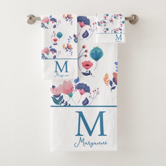 カラフルフォークアートフラワーズモノグラムイニシャル バスタオルセット (インサイチュ)