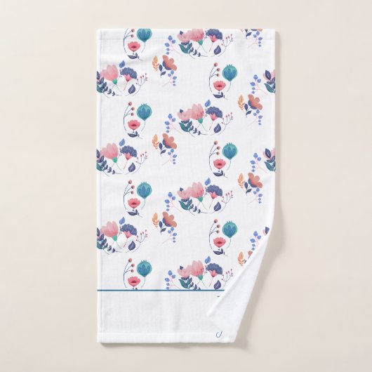 カラフルフォークアートフラワーズモノグラムイニシャル バスタオルセット (ハンドタオル)