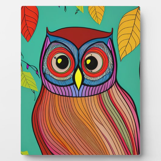 カラフルフォークアート抽象芸術フクロウ フォトプラーク (正面)