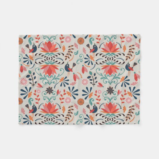 カラフルフォークアート青鳥の赤い花 フリースブランケット (正面(横))