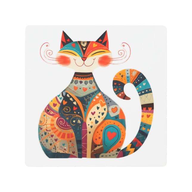 カラフルフォーク猫 メタルプリント (正面)