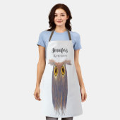 カラフルフクロウの絵画水彩長エプロン エプロン (着用した状態)