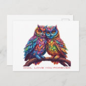 カラフルフクロウ愛の鳥バレンタインデー ポストカード (正面/裏面)
