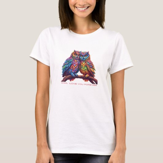カラフルフクロウ愛の鳥バレンタインデー Tシャツ (正面)