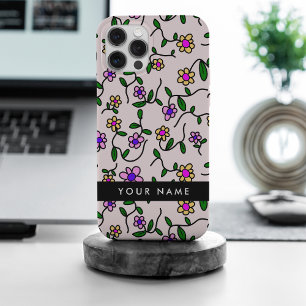カラフルフラワー、ピンク背景、ブラック iPhone 15 PRO MAXケース