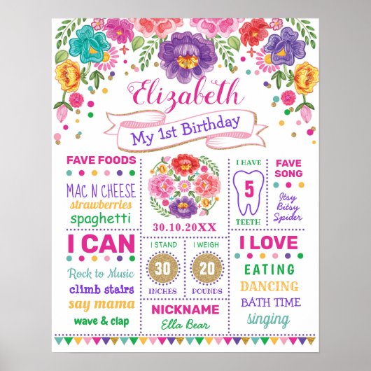 カラフルフラワー フィエスタ 1歳 誕生日 マイルストーン ポスター (正面)
