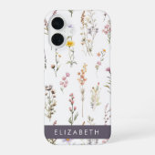 カラフルフラワー、野の花、グリーン、あなたの名前 iPhone 16ケース (裏面)