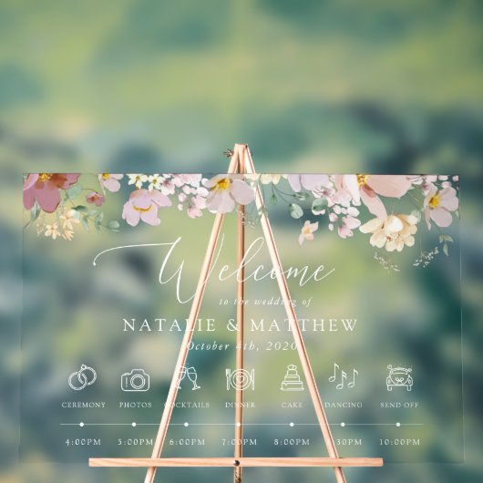 カラフルフラワー、野の花、結婚式のタイムライン アクリルサイン (ニュートラル)