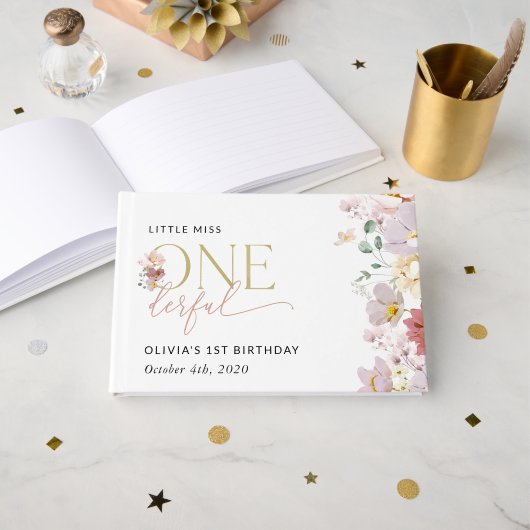 カラフルフラワー、野の花、1歳の誕生日 ゲストブック (正面見開き)