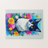 カラフルフローラウォーター色彩の鮮やかカー猫 ジグソーパズル (横)