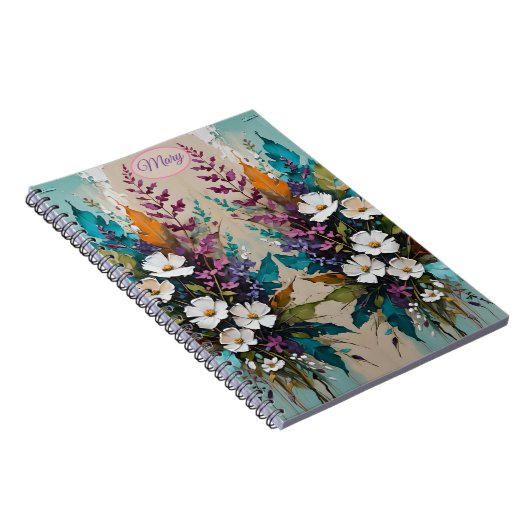 カラフルフローラオンティール(緑がかった色)ブルーベージュ*パーソナライズ* ノートブック (右側)
