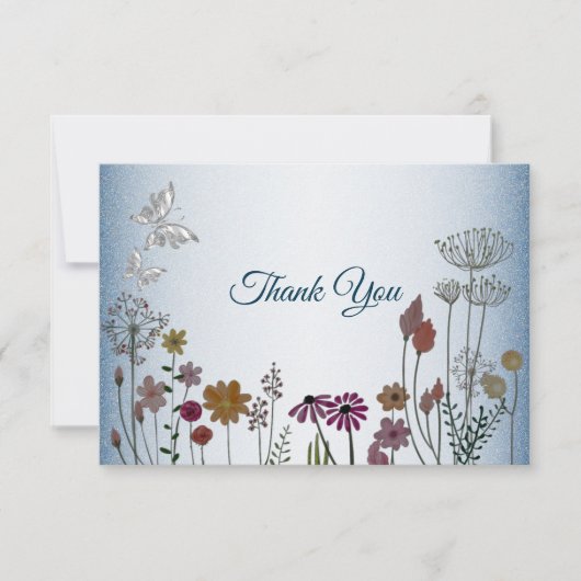 カラフルフローラガーデンブルーシャイニーグリッター結婚ズ サンキューカード (正面)