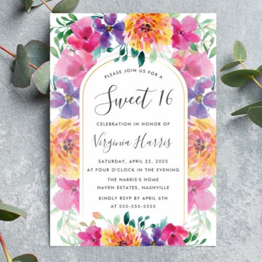 カラフルフローラガーデンSweet sixteen16誕生日 招待状