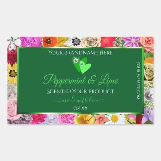 カラフルフローラグリーン商品ラベルかわいいハート 長方形シール (正面)