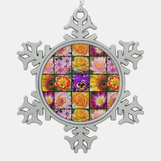 カラフルフローラコラージュのクリスマス装飾 スノーフレークピューターオーナメント (正面)