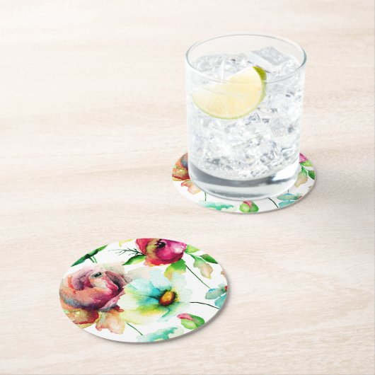 カラフルフローラコラージュ水彩色イラストレーション ラウンドペーパーコースター (インサイチュ)