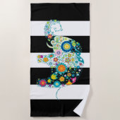 カラフルフローラゾウ&ブラック&ホワイトストライプズ ビーチタオル (正面)