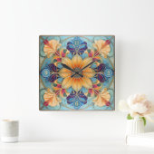 カラフルフローラタイルPat#パウダーブルー金ゴールドID1078 スクエア壁時計 (ホーム)