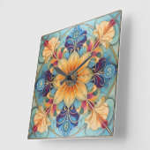 カラフルフローラタイルPat#パウダーブルー金ゴールドID1078 スクエア壁時計 (傾斜)