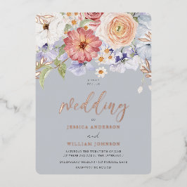 カラフルフローラダスティブルー結婚ズバラ金ゴールド 箔招待状