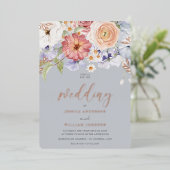 カラフルフローラダスティブルー結婚ズバラ金ゴールド 箔招待状 (立ち正面)