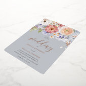 カラフルフローラダスティブルー結婚ズバラ金ゴールド 箔招待状 (回転した状態)