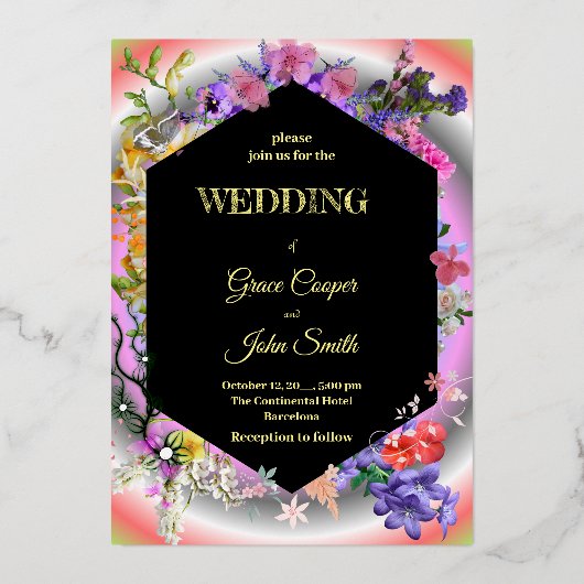 カラフルフローラデザイン/ジオメトリの収集 箔招待状 (正面)