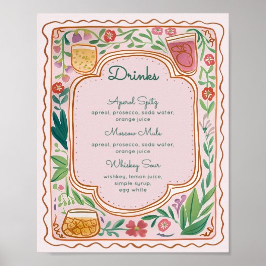カラフルフローラドリンクのメニューテンプレート、手書き ポスター (正面)