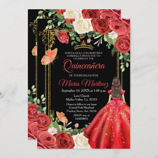 カラフルフローラバタフライキンセアニェラ誕生日 招待状 (正面/裏面)