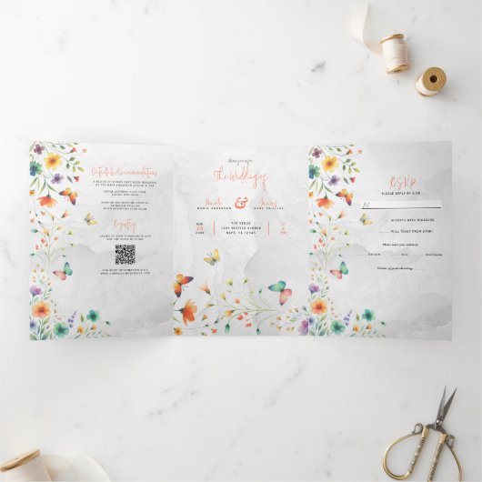 カラフルフローラバタフライ結婚ズ 三つ折り招待状 (内部)