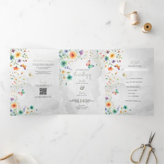 カラフルフローラバタフライ結婚ズ 三つ折り招待状 (内部)