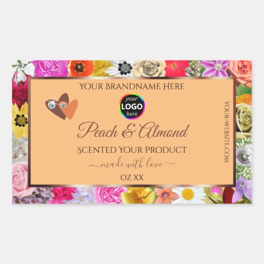 カラフルフローラピーチ製品ラベルハートロゴ 長方形シール (正面)