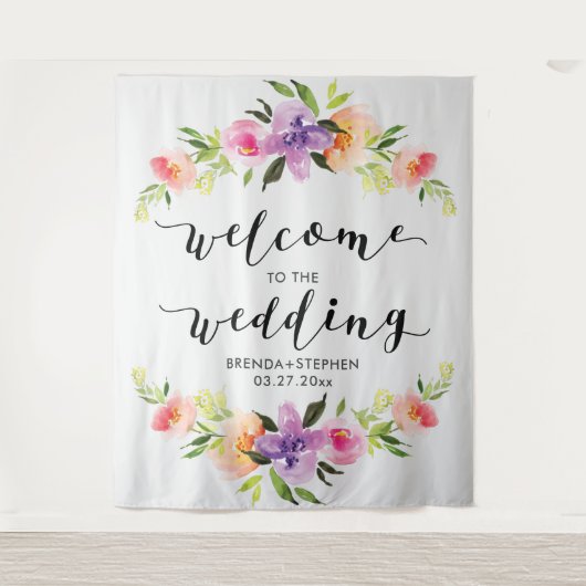 カラフルフローラフレモダンー結婚ムのタイポグラフィ タペストリー (正面)