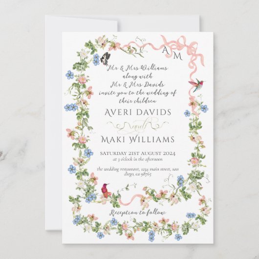 カラフルフローラボーエレガントガーデン結婚フォト 招待状 (正面)