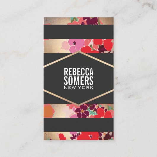カラフルフローラメイクアップと美しいブラックストライプの 名刺 (正面)