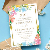 カラフルフローラモノグラム金ゴールドフレ結婚ーム 招待状