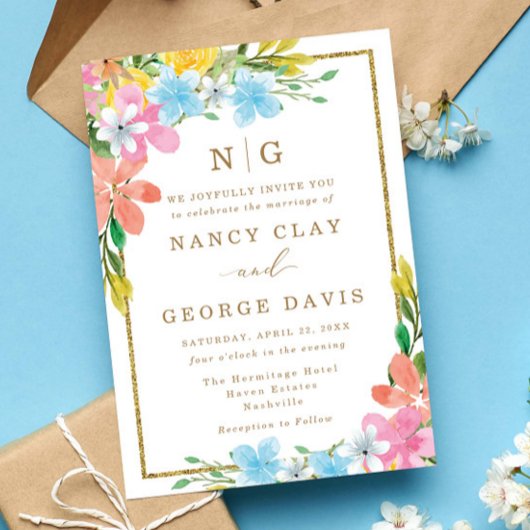 カラフルフローラモノグラム金ゴールドフレ結婚ーム 招待状