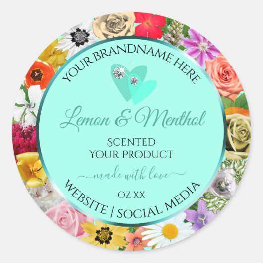 カラフルフローラライトティール（緑がかった色）製品ラベルハート ラウンドシール (正面)