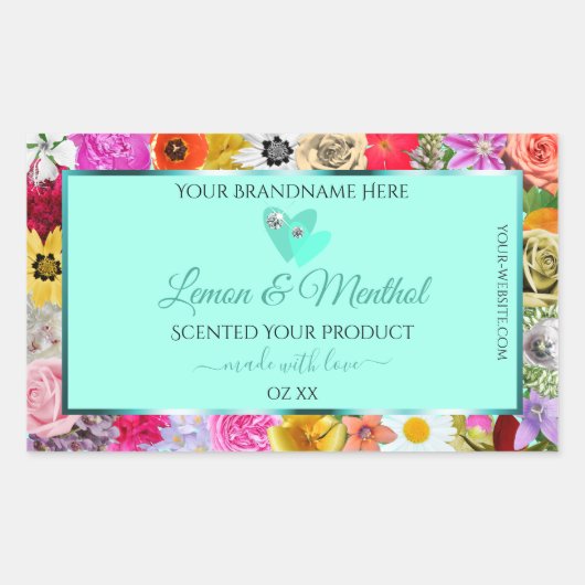 カラフルフローラライトティール（緑がかった色）製品ラベルハート 長方形シール (正面)