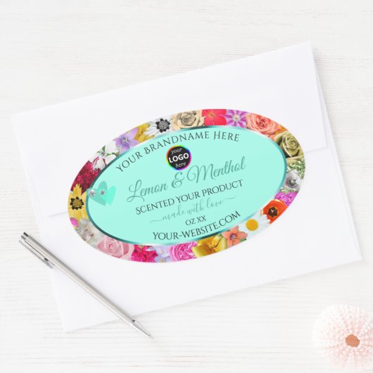 カラフルフローラライトティール(緑がかった色)製品ラベル追加ロゴ 楕円形シール (封筒)