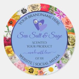 カラフルフローラライトブルー製品ラベルひし ラウンドシール