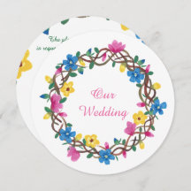 カラフルフローララウンドつる植物リース招待状