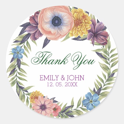 カラフルフローラリースありがとう ラウンドシール (正面)