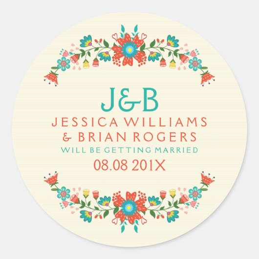 カラフルフローラリースとベージュストライプの背景 ラウンドシール (正面)