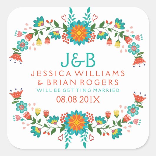 カラフルフローラリース枠 スクエアシール (正面)