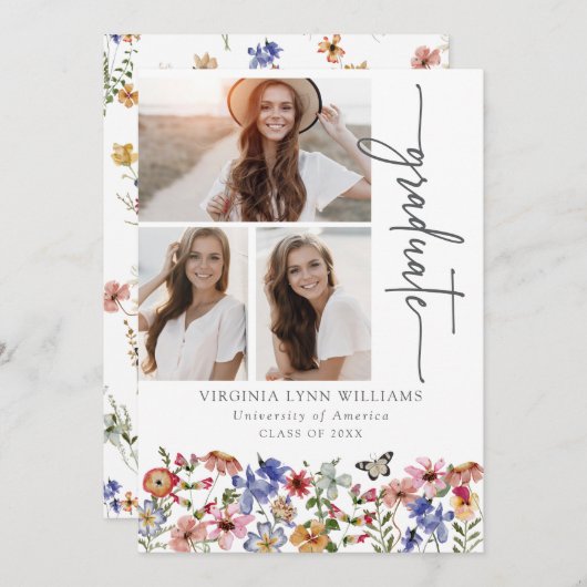 カラフルフローラ写真の卒業発表 案内状 (正面/裏面)