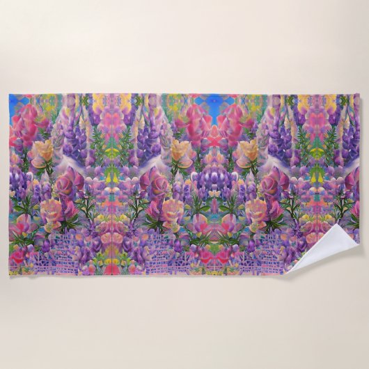 カラフルフローラ抽象デザイン ビーチタオル (正面)