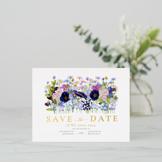 カラフルフローラ水結婚色の金ゴールド 箔招待状ポストカード (立ち正面)